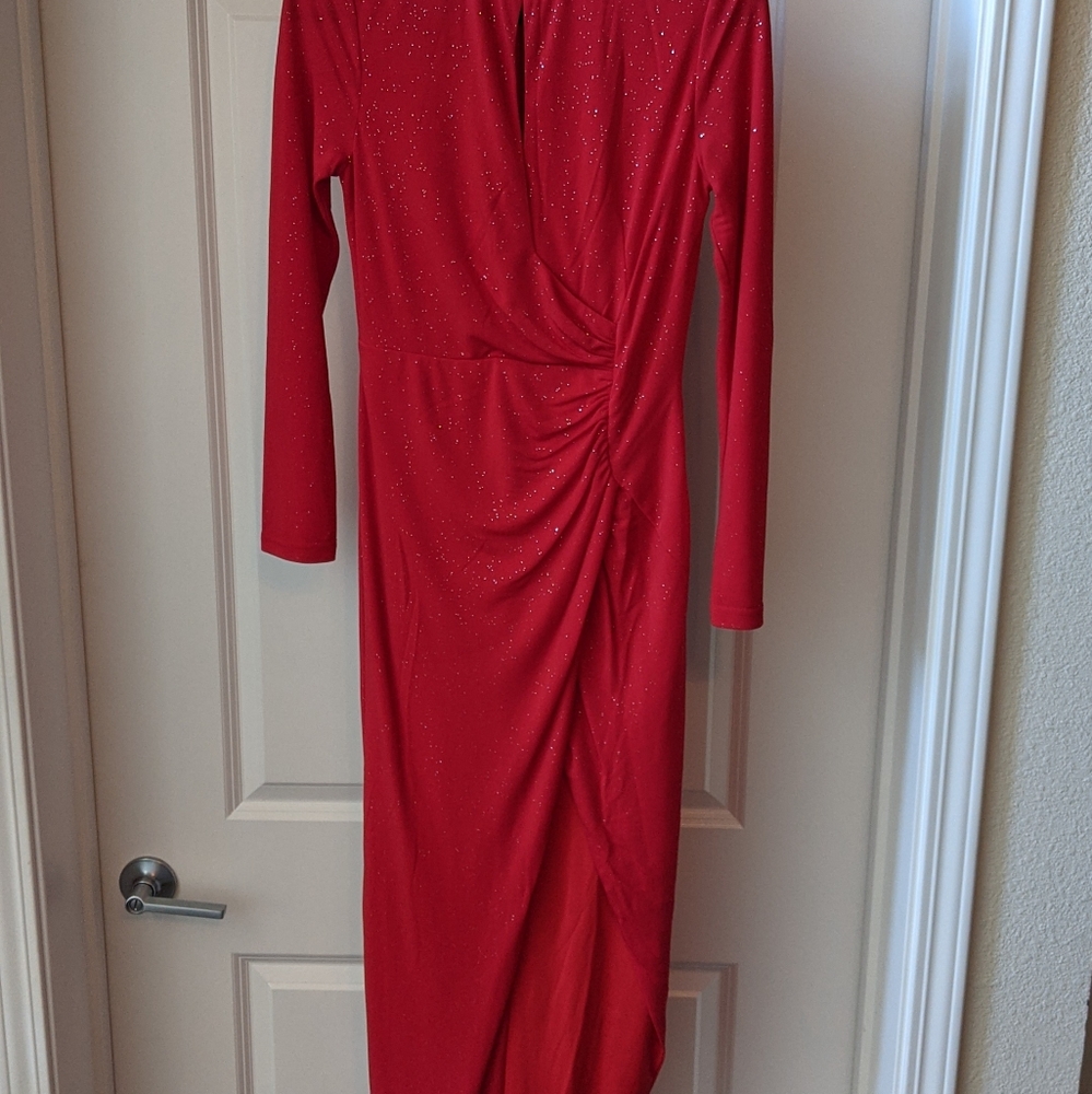 NWT, Abyss by Abby red dress with shimmer, high slit, asymmetrical train - Picture 2 of 4